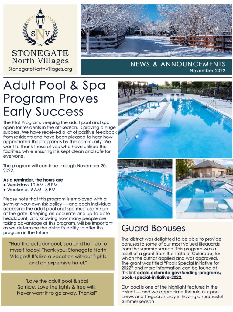 Photo of new adult pool and spa along with story on new pilot program keeping it open later in the year