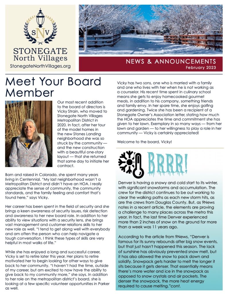 The cover of the district newsletter is shown, with a photo of the newest board member Vicky Strain