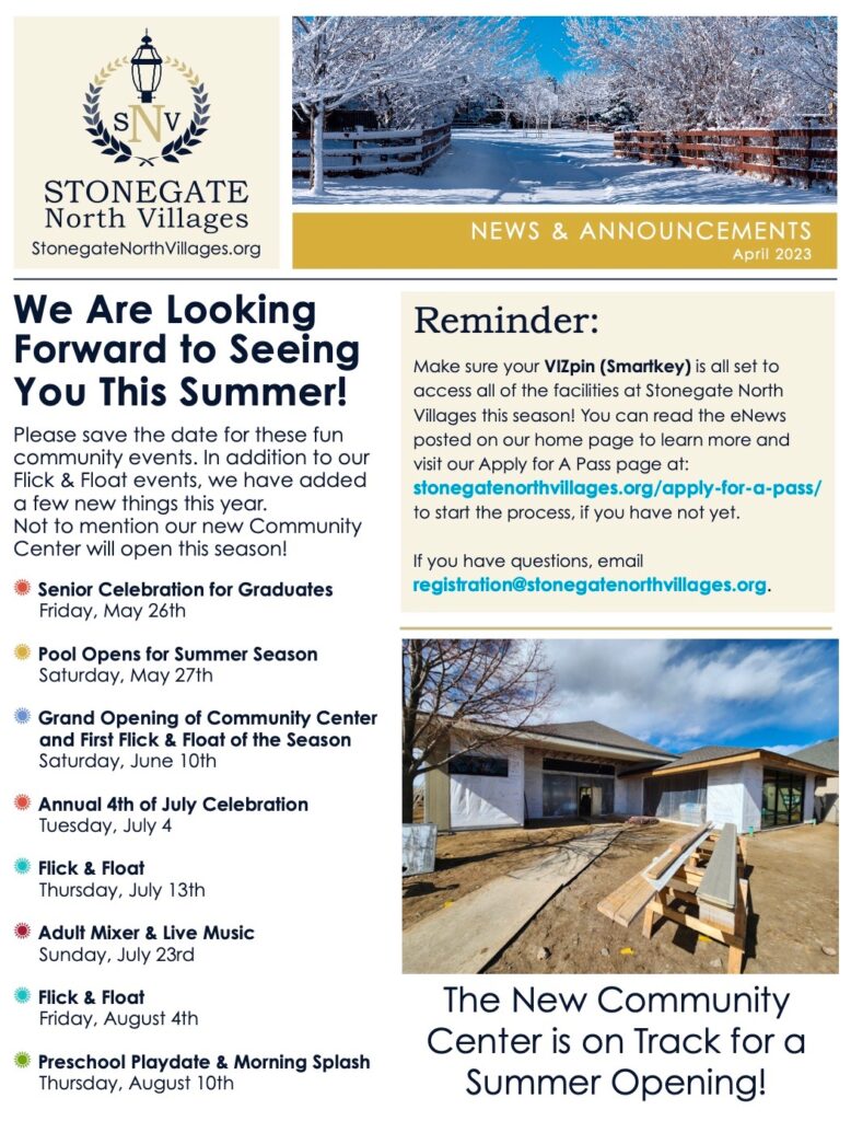 Image of the cover of the April newsletter with photo of construction in progress on Community Center.