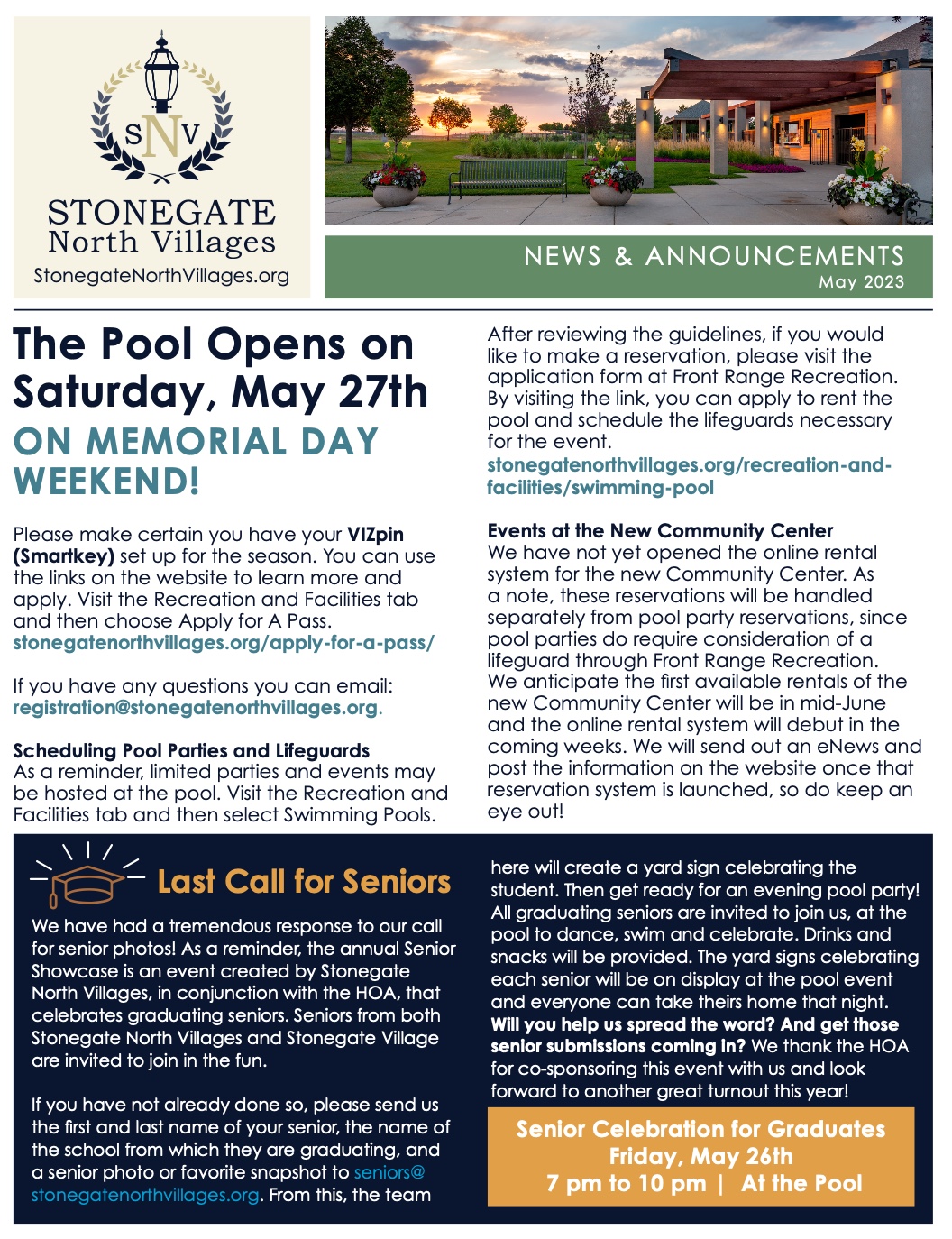 Cover of newsletter with headline: Pool Opens May 27th