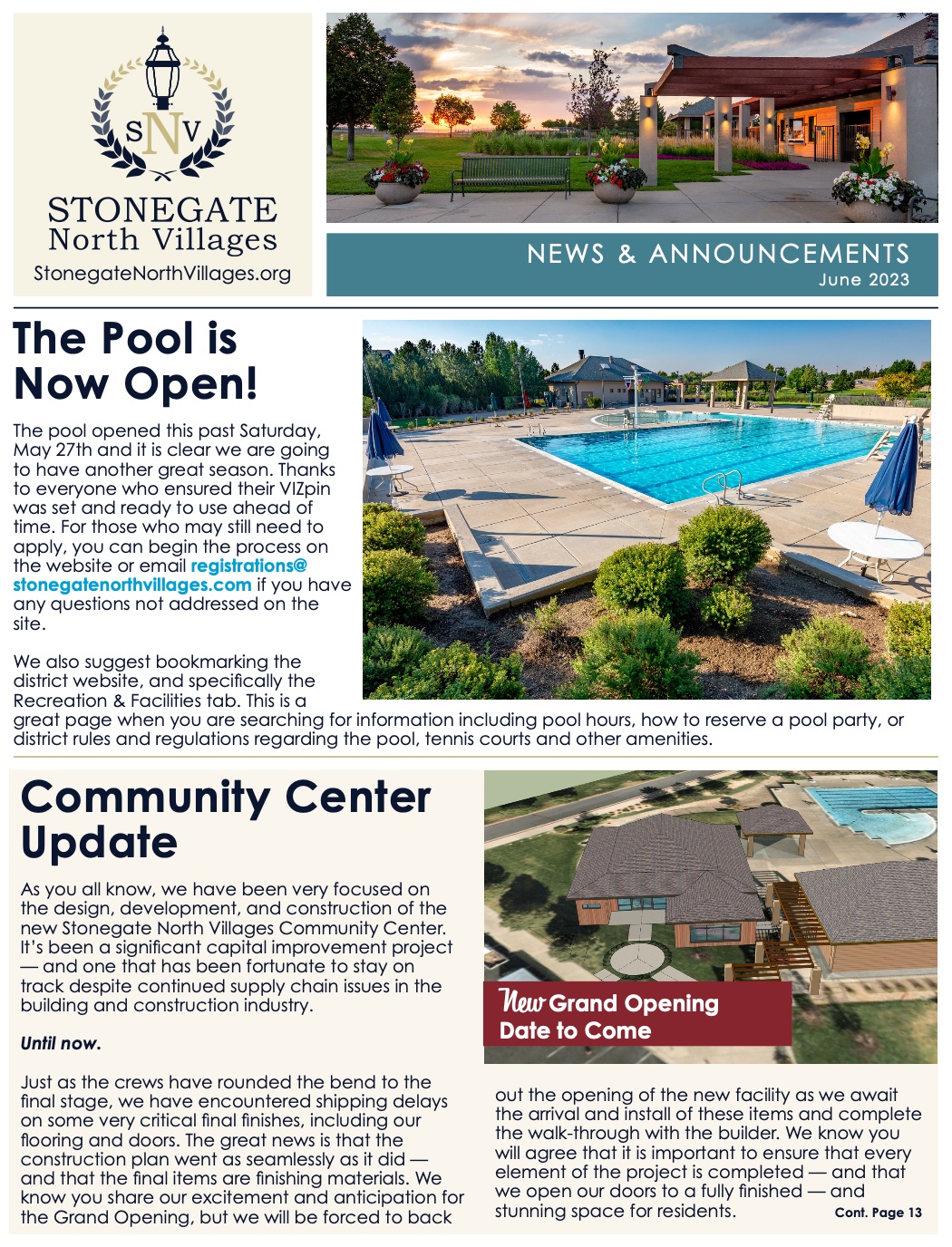 Newsletter cover with image of district pool and architectural rendering of Community Center