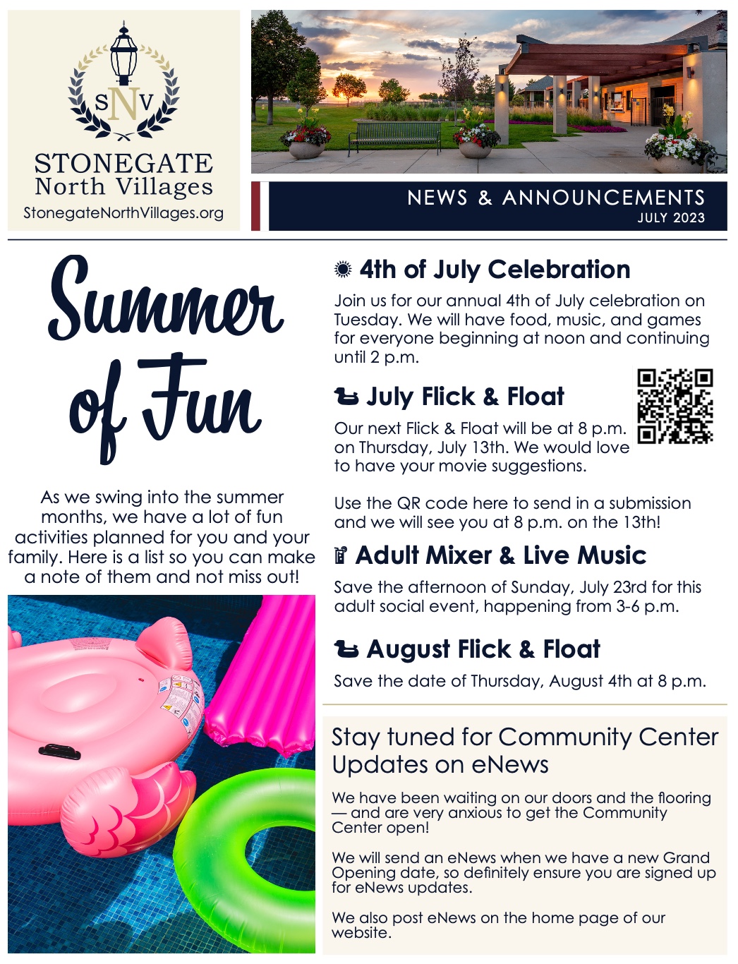 Cover of newsletter with inflatable pool toy image