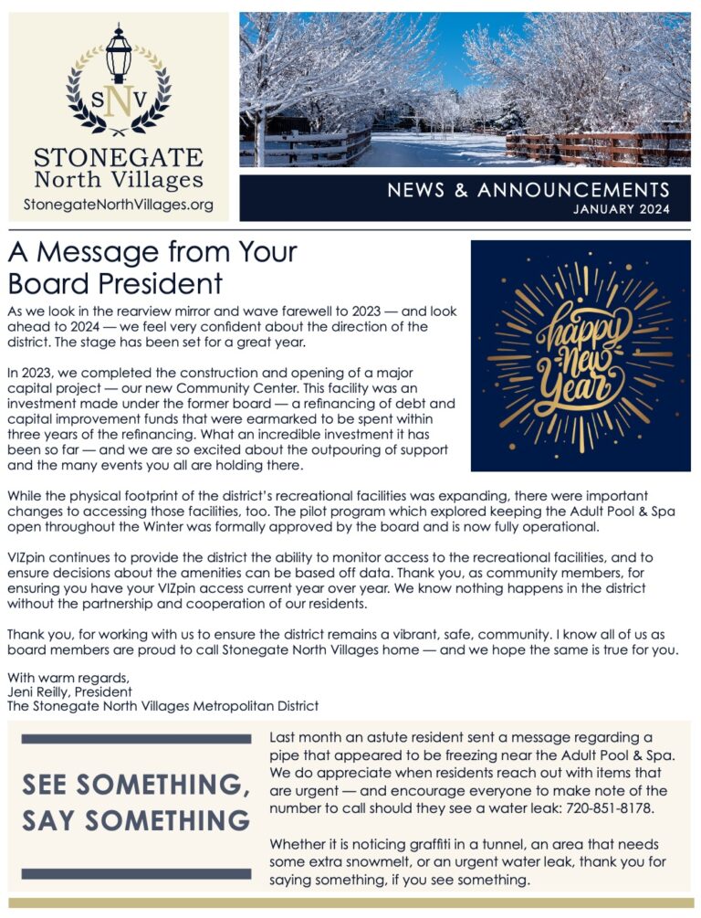 January 2024 Newsletter Stonegate North Villages