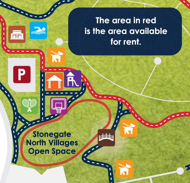 The graphic shows a map of the area which can be rented circed in red. Anyone needing information can email reservations@stonegatenorthvillages.org.