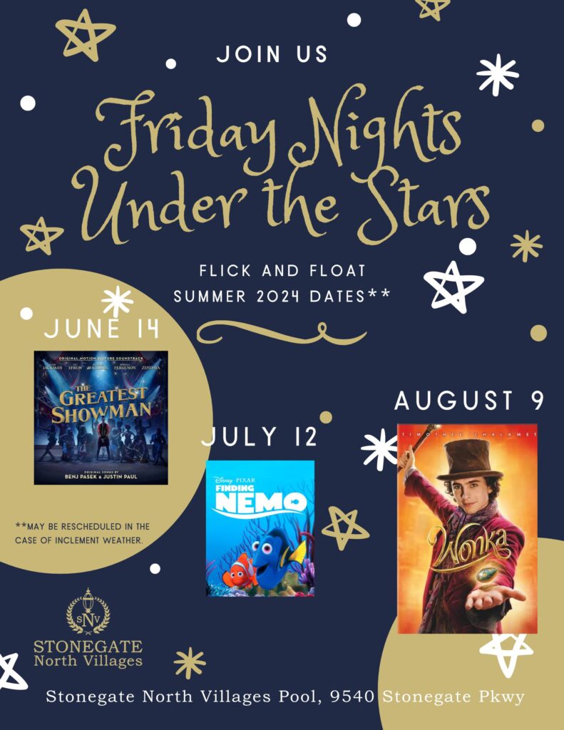 Blue flyer lists Flick & Float events as June 14, July 12 and August 9